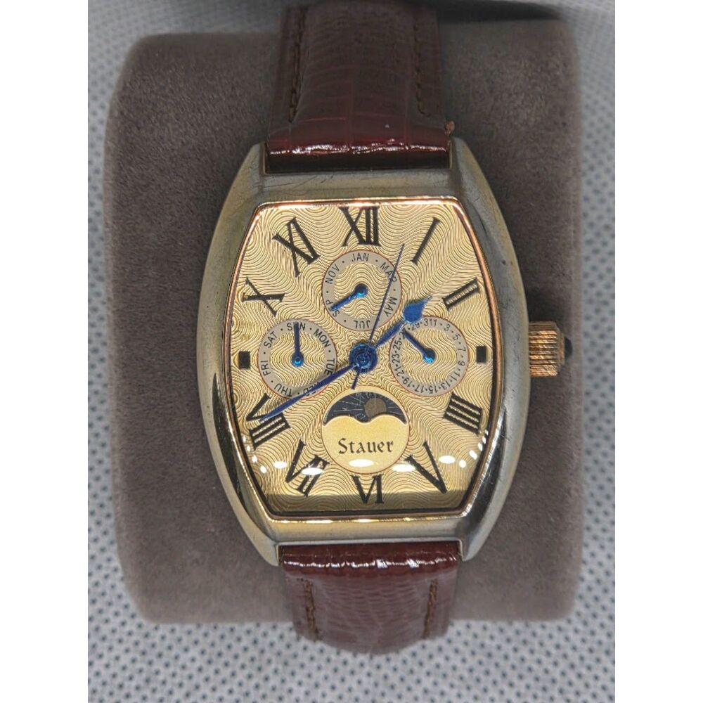 Stauer 1926 Quarté Moon Phase Triple Calendar Watch Gold Tonneau 25406